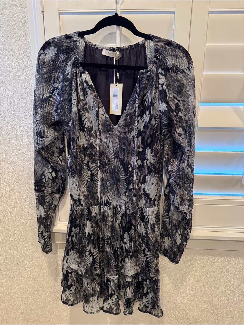 Ramy Brook Black & White Floral Long-Sleeve Tiered Mini Dress - Picture 1 of 10
